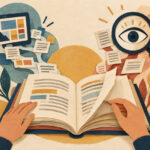 Ilustración de un libro abierto, documentos digitales y una lupa para pensar la lectura y la inteligencia artificial