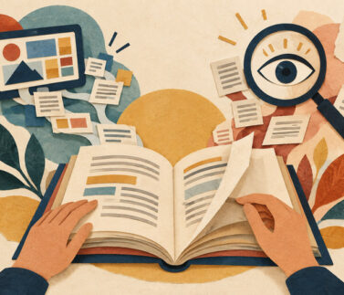 01-lectura-ia-800x533 Ilustración de un libro abierto, documentos digitales y una lupa para pensar la lectura y la inteligencia artificial
