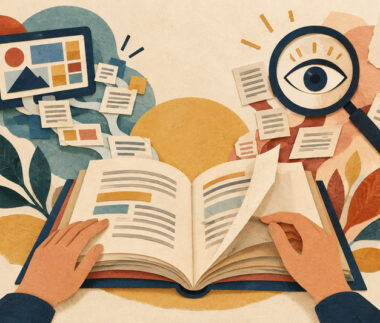 Ilustración de un libro abierto, documentos digitales y una lupa para pensar la lectura y la inteligencia artificial