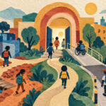 Ilustración de distintos caminos de niñas y niños hacia una escuela accesible
