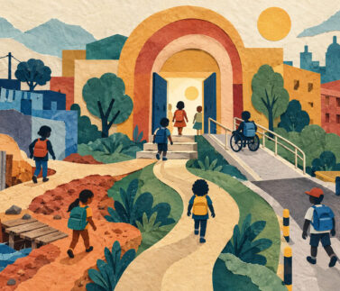 02-acceso-educacion-800x533 Ilustración de distintos caminos de niñas y niños hacia una escuela accesible