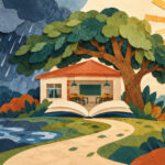 Ilustración de una escuela frente a la lluvia y el calor, junto a un libro abierto
