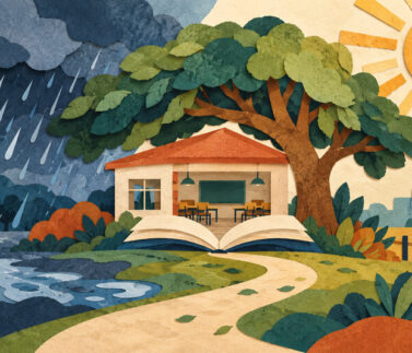03-clima-escuela-800x533 Ilustración de una escuela frente a la lluvia y el calor, junto a un libro abierto