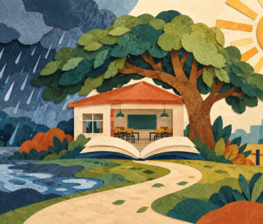 Ilustración de una escuela frente a la lluvia y el calor, junto a un libro abierto
