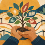 Ilustración de manos que cuidan un árbol con símbolos del trabajo docente