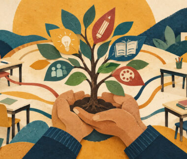 Ilustración de manos que cuidan un árbol con símbolos del trabajo docente