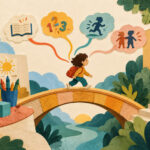 Ilustración de una niña que cruza un puente hacia la escuela primaria