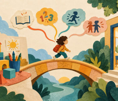 Ilustración de una niña que cruza un puente hacia la escuela primaria