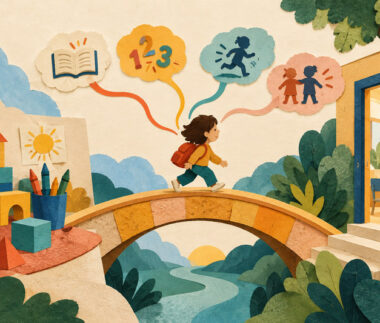 Ilustración de una niña que cruza un puente hacia la escuela primaria