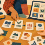 Ilustración de docentes que seleccionan recursos pedagógicos junto a una pantalla digital