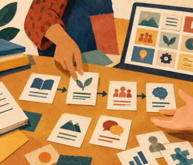 06-docentes-ia-800x533 Ilustración de docentes que seleccionan recursos pedagógicos junto a una pantalla digital