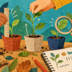 Ilustración de manos que observan y miden el crecimiento de plantas en una investigación escolar