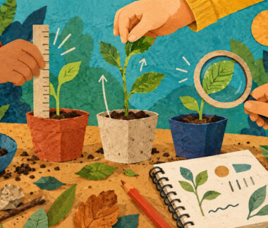 Ilustración de manos que observan y miden el crecimiento de plantas en una investigación escolar