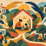Ilustración de una familia rodeada por una red comunitaria de escuela, salud y espacios de encuentro