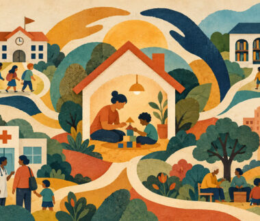 Ilustración de una familia rodeada por una red comunitaria de escuela, salud y espacios de encuentro