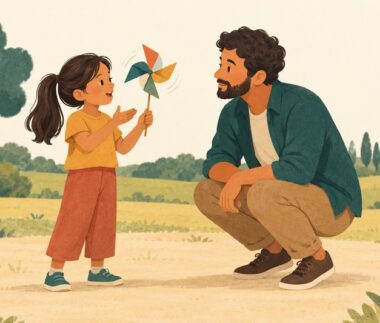 Ausubel: escuchar los conocimientos previos Niña explica cómo gira un molinete mientras un adulto la escucha en un parque.