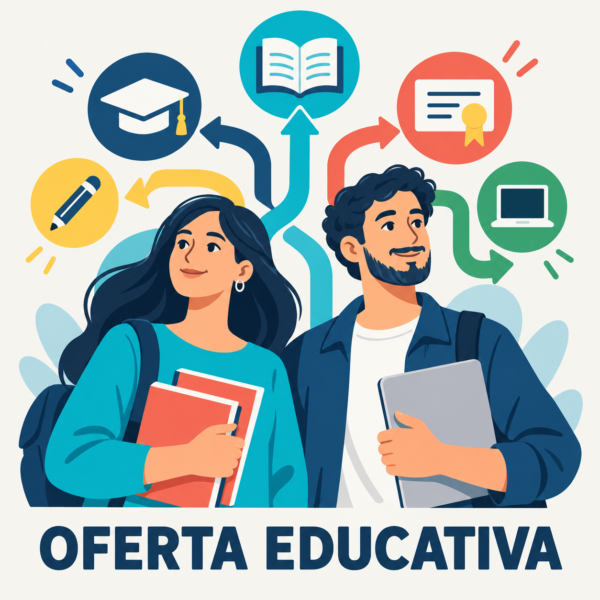 Mujer y hombre explorando opciones de formación y oferta educativa