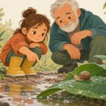 Una niña y un adulto mayor observan juntos un caracol sobre una hoja mojada.