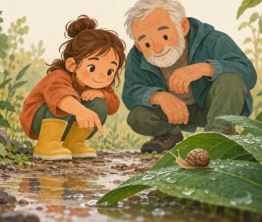 Una niña y un adulto mayor observan juntos un caracol sobre una hoja mojada.