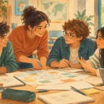 Ilustración de estudiantes colaborando en una actividad escolar.