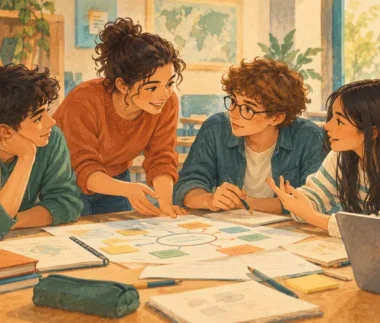 Ilustración de estudiantes colaborando en una actividad escolar.