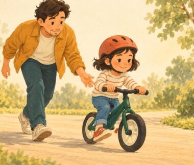 Niña avanza en bicicleta mientras un adulto camina a su lado sin sujetarla.