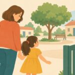 Ilustración de una adulta y una niña abriendo una puerta hacia una plaza de la comunidad.