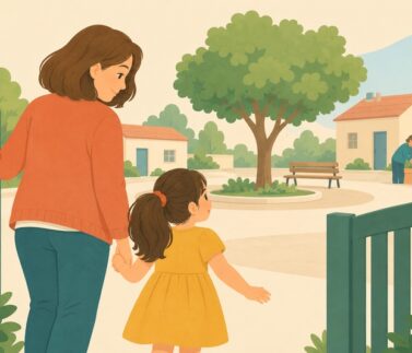 Ilustración de una adulta y una niña abriendo una puerta hacia una plaza de la comunidad.