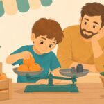 Ilustración de un niño pesando naranjas en una balanza junto a su padre, aprendiendo en una situación cotidiana.