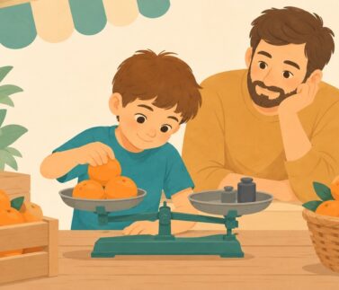 dewey-wp-ilustracion Ilustración de un niño pesando naranjas en una balanza junto a su padre, aprendiendo en una situación cotidiana.