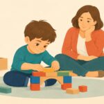 Ilustración de un niño construyendo un puente de bloques mientras una adulta acompaña su aprendizaje.