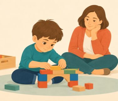 Ilustración de un niño construyendo un puente de bloques mientras una adulta acompaña su aprendizaje.