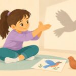 Ilustración de una niña representando un pájaro mediante sombras, un dibujo y una figura de arcilla.