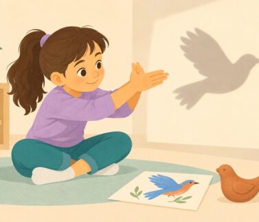 Ilustración de una niña representando un pájaro mediante sombras, un dibujo y una figura de arcilla.